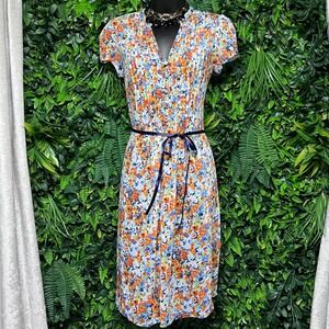 MSK Dress Size 6 Floral‎ Print Blue Orange Pleated Midi with Tie Belt 3016